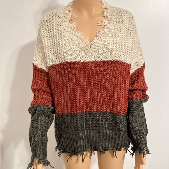 Hyfve Women's Striped Colorblock Knit Pullover Long Sleeve V-neck Loose Sweater - Picture 6 of 14